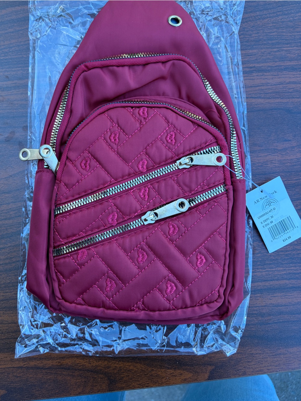 ARN New York Burgundy Quilted Multi-Zip Sling Crossbody Bag – New With Tags